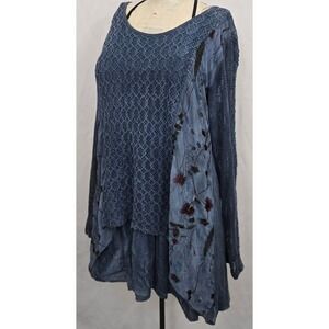 Signals Mixed Media‎ Tunic Top Dress Lagenlook Crochet Mesh Embroidery Blue Boho